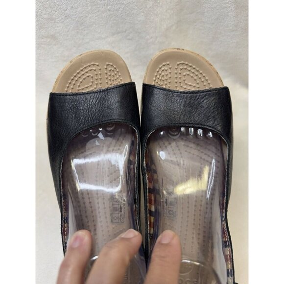 CROCS A-Leigh Black Leather Slingback Strap Cork Wedge Sandals Size 10 - Picture 6 of 12